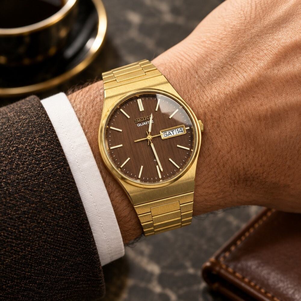Vintage Seiko SQ 7123-8160 Brown Dial Faceted Crystal Gold Tone Day Date Watch